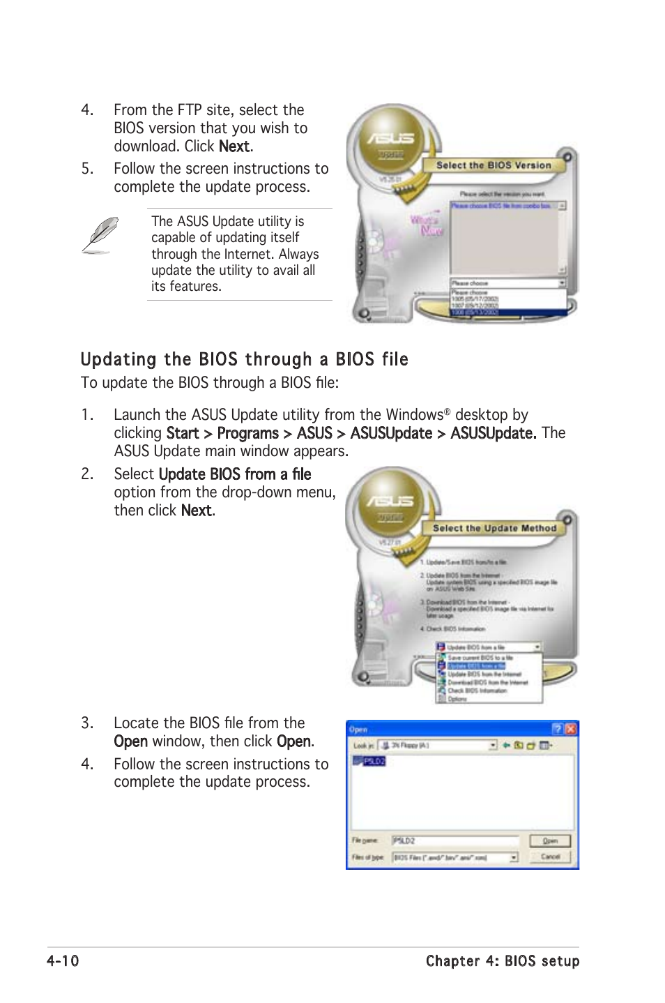 Updating the bios through a bios file | Asus P5LD2 SE User Manual | Page 70 / 120