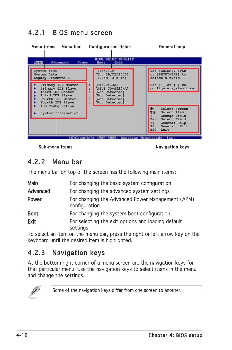 2 menu bar, 3 navigation keys, 1 bios menu screen | Asus P5LD2 SE User Manual | Page 72 / 120