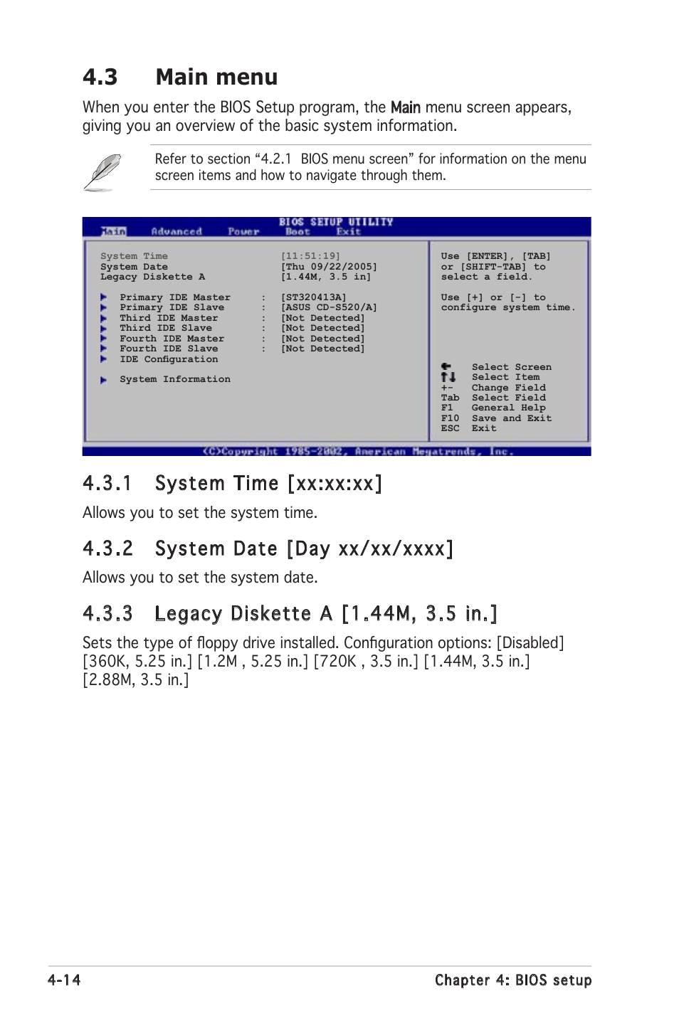 3 main menu, 1 system time [xx:xx:xx, Allows you to set the system time | Allows you to set the system date | Asus P5LD2 SE User Manual | Page 74 / 120