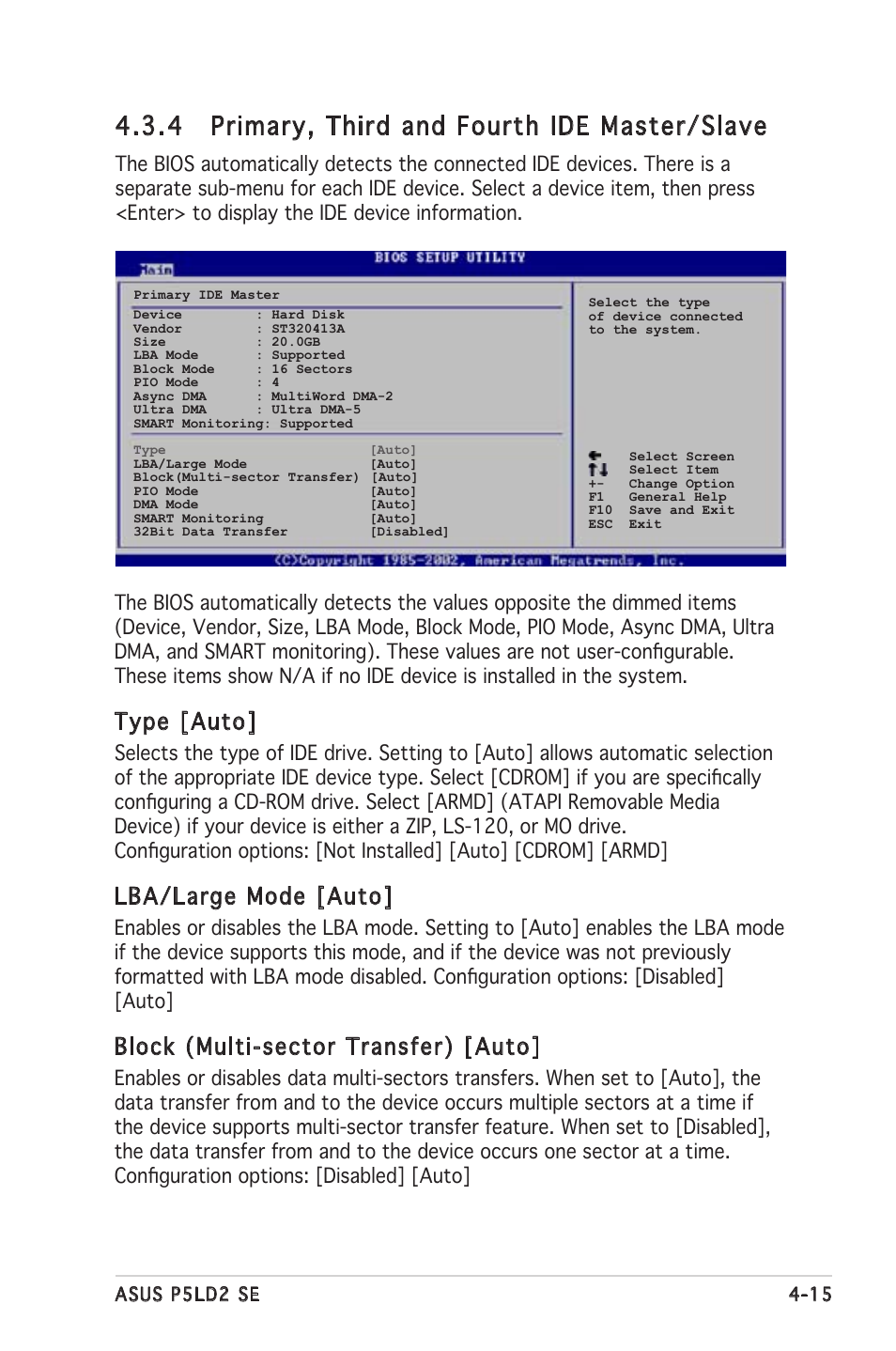 4 primary, third and fourth ide master/slave, Type [auto, Lba/large mode [auto | Block (multi-sector transfer) [auto | Asus P5LD2 SE User Manual | Page 75 / 120