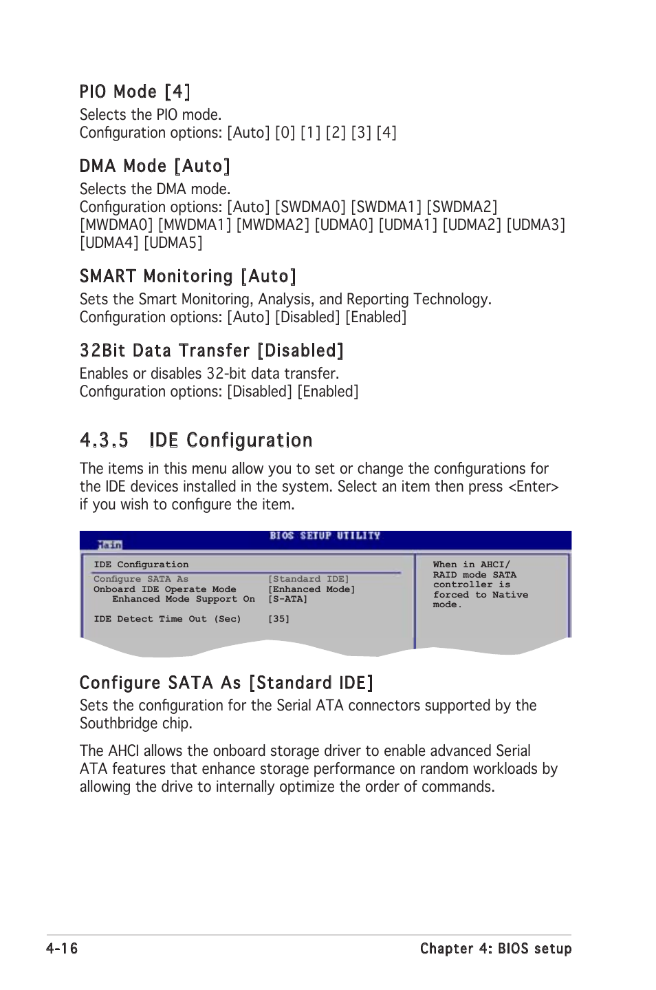 5 ide configuration, Pio mode [4, Dma mode [auto | Smart monitoring [auto, 32bit data transfer [disabled, Configure sata as [standard ide | Asus P5LD2 SE User Manual | Page 76 / 120