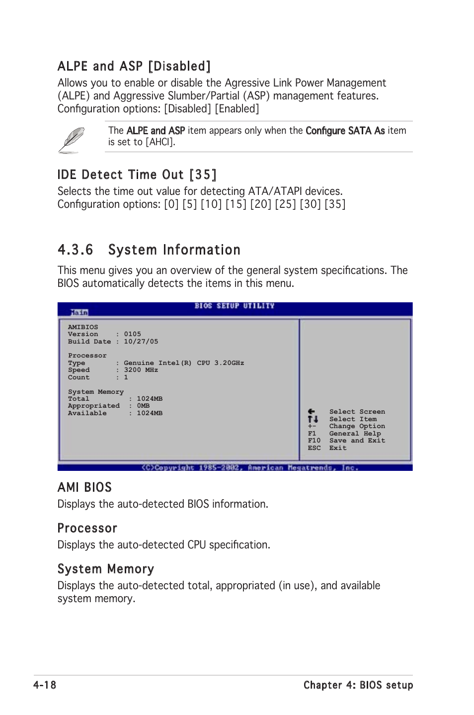 6 system information, Ami bios, Processor | Alpe and asp [disabled, Ide detect time out [35 | Asus P5LD2 SE User Manual | Page 78 / 120