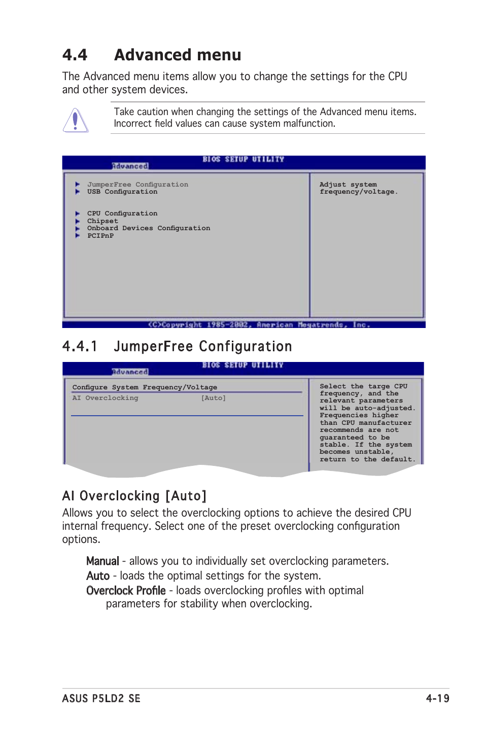 4 advanced menu, 1 jumperfree configuration, Ai overclocking [auto | Asus P5LD2 SE User Manual | Page 79 / 120