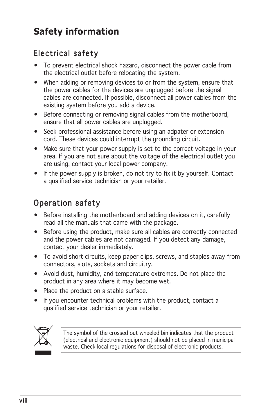 Safety information, Electrical safety, Operation safety | Asus P5LD2 SE User Manual | Page 8 / 120