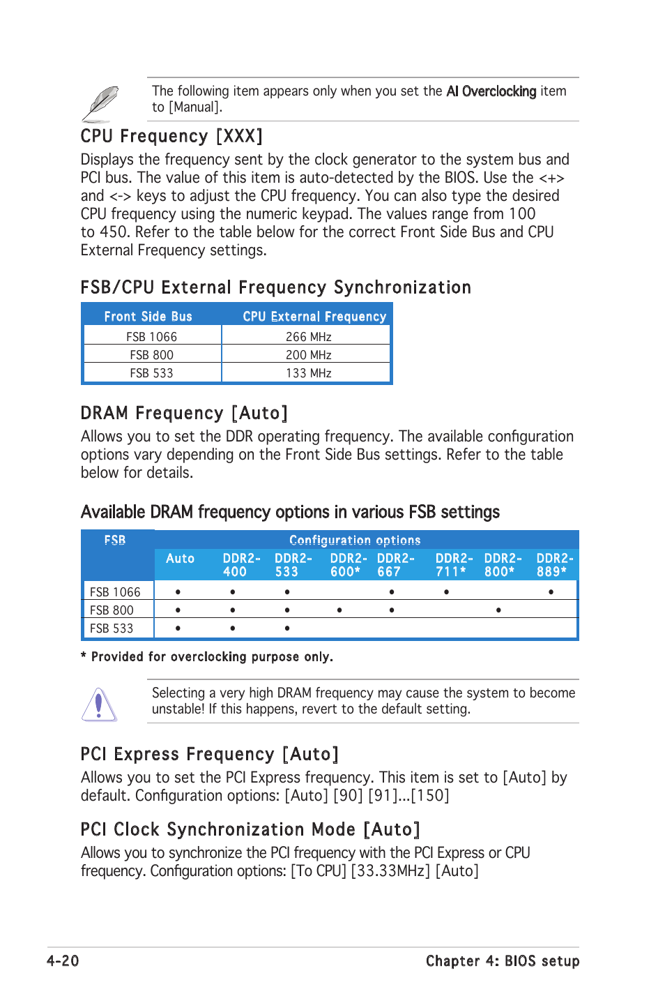 Fsb/cpu external frequency synchronization, Cpu frequency [xxx, Pci express frequency [auto | Pci clock synchronization mode [auto, Dram frequency [auto | Asus P5LD2 SE User Manual | Page 80 / 120