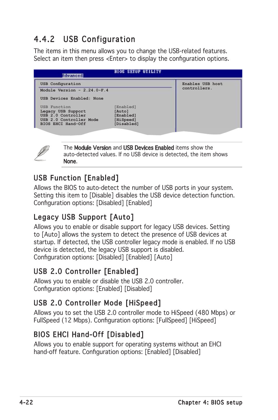 2 usb configuration, Usb function [enabled, Legacy usb support [auto | Usb 2.0 controller [enabled, Usb 2.0 controller mode [hispeed, Bios ehci hand-off [disabled | Asus P5LD2 SE User Manual | Page 82 / 120