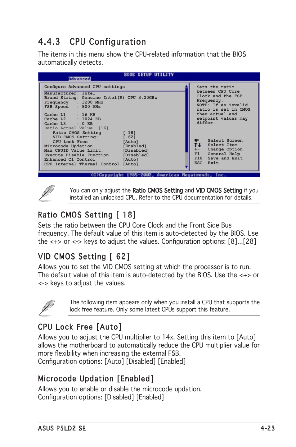 3 cpu configuration, Cpu lock free [auto, Microcode updation [enabled | Ratio cmos setting [ 18, Vid cmos setting [ 62 | Asus P5LD2 SE User Manual | Page 83 / 120