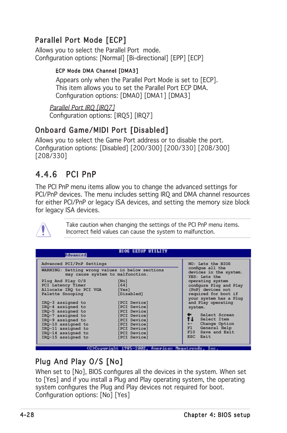6 pci pnp, Parallel port mode [ecp, Onboard game/midi port [disabled | Plug and play o/s [no | Asus P5LD2 SE User Manual | Page 88 / 120