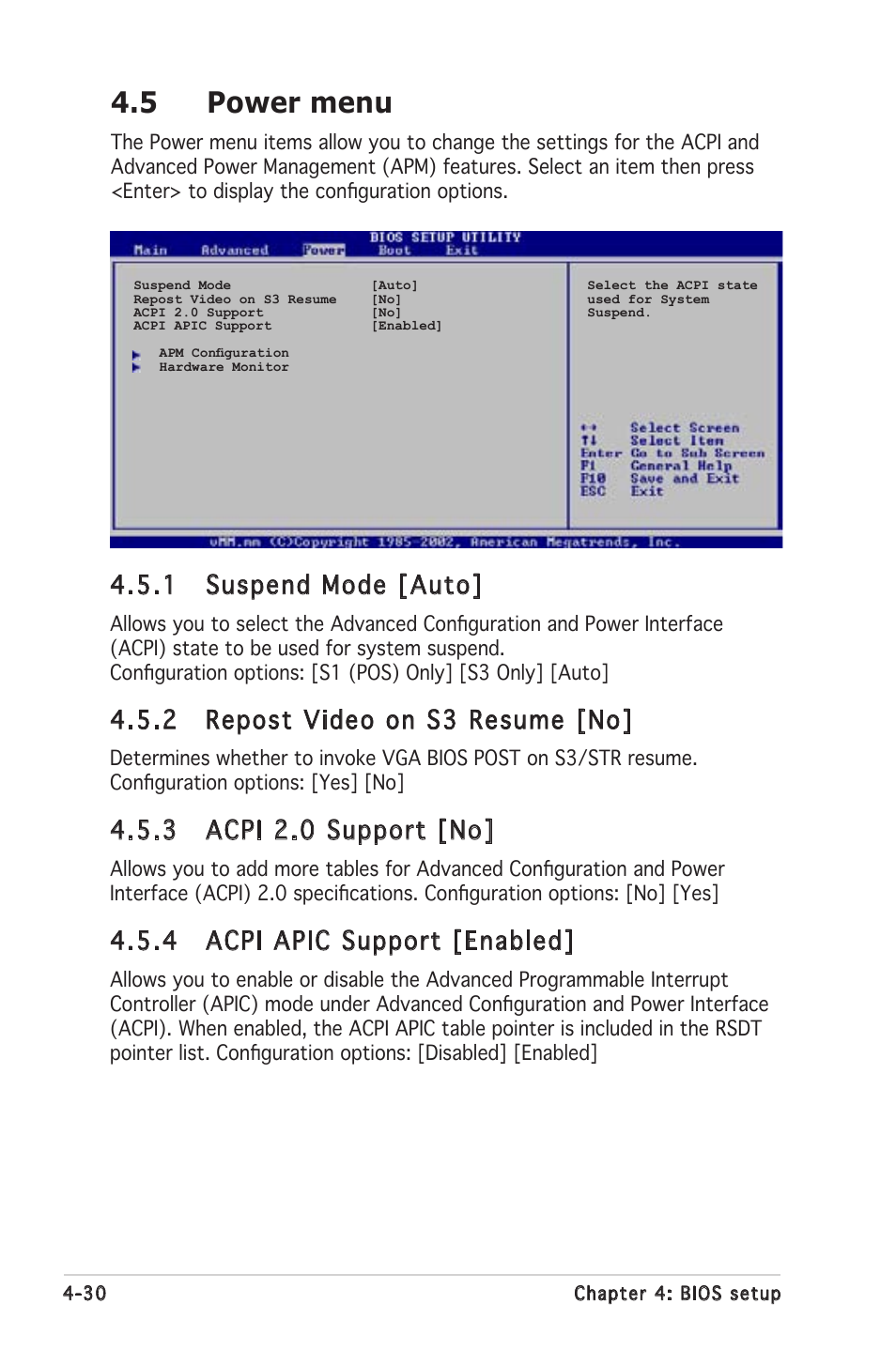 5 power menu, 1 suspend mode [auto, 2 repost video on s3 resume [no | 3 acpi 2.0 support [no, 4 acpi apic support [enabled | Asus P5LD2 SE User Manual | Page 90 / 120