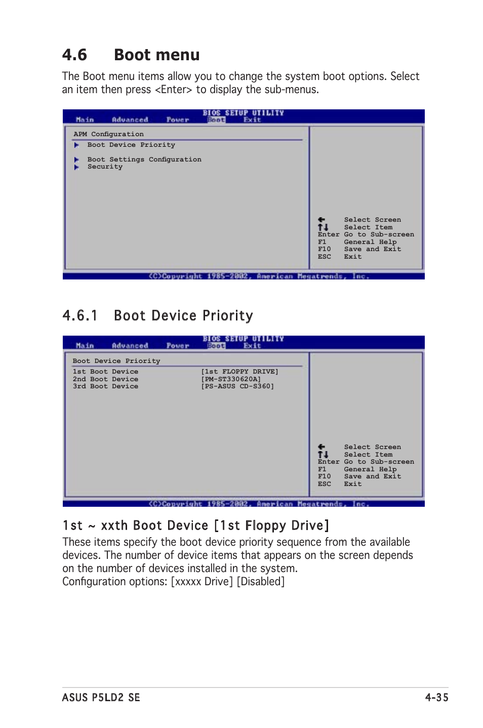 6 boot menu, 1 boot device priority, 1st ~ xxth boot device [1st floppy drive | Asus P5LD2 SE User Manual | Page 95 / 120