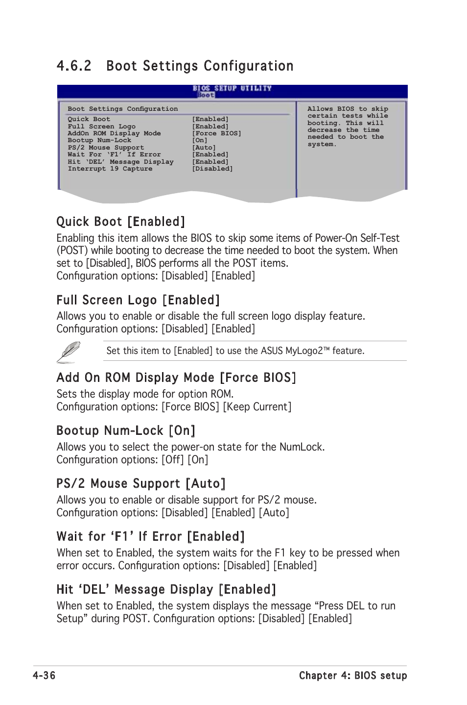 2 boot settings configuration, Quick boot [enabled, Full screen logo [enabled | Add on rom display mode [force bios, Bootup num-lock [on, Ps/2 mouse support [auto, Wait for ‘f1’ if error [enabled, Hit ‘del’ message display [enabled | Asus P5LD2 SE User Manual | Page 96 / 120