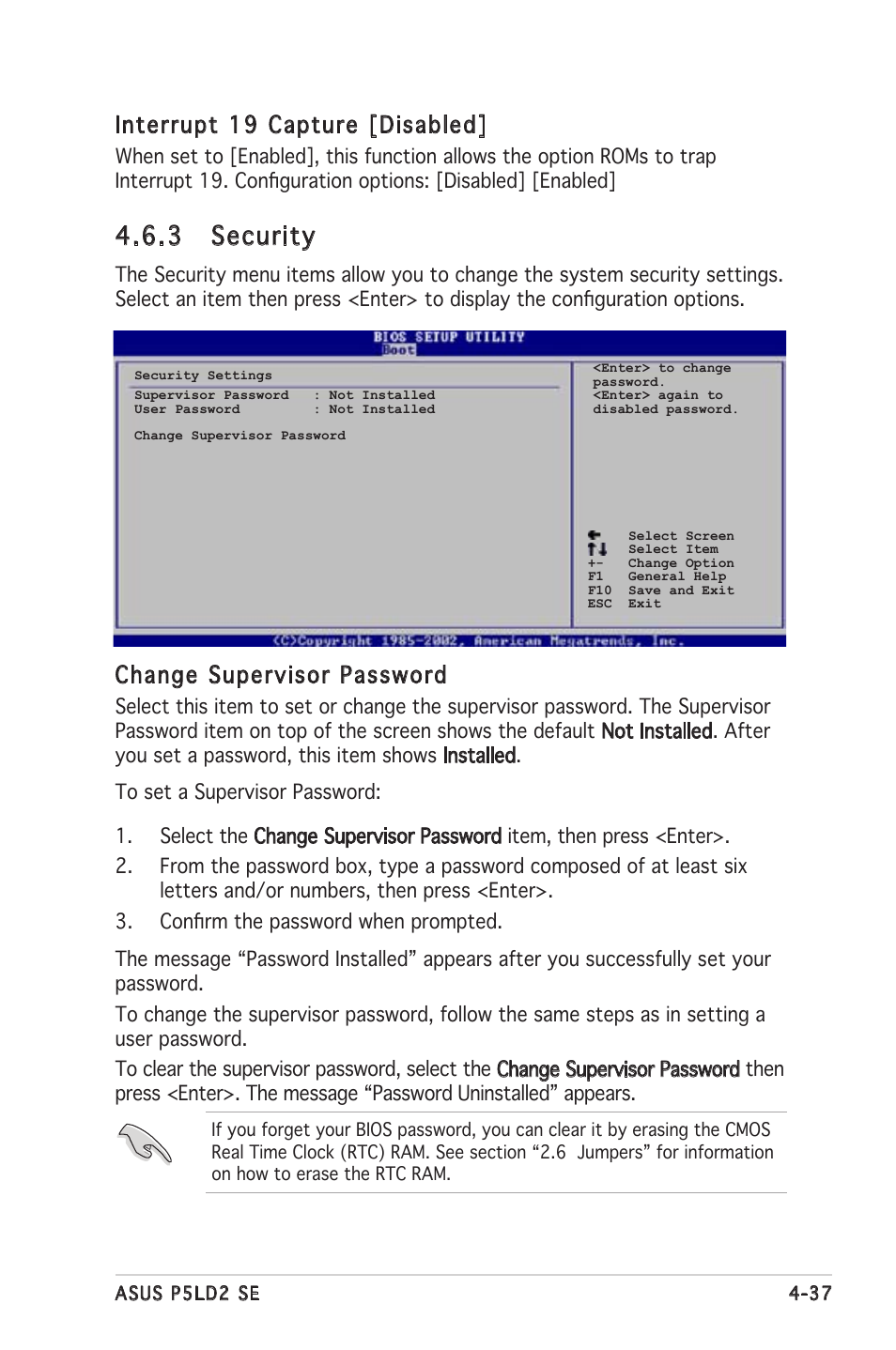 3 security, Interrupt 19 capture [disabled, Change supervisor password | Asus P5LD2 SE User Manual | Page 97 / 120