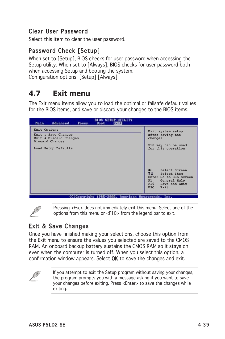 7 exit menu, Clear user password, Password check [setup | Exit & save changes | Asus P5LD2 SE User Manual | Page 99 / 120