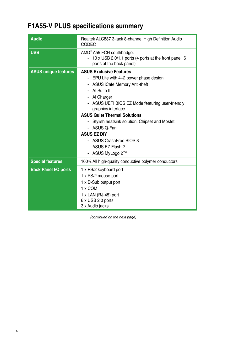 F1a55-v plus specifications summary | Asus F1A55-V PLUS User Manual | Page 10 / 70