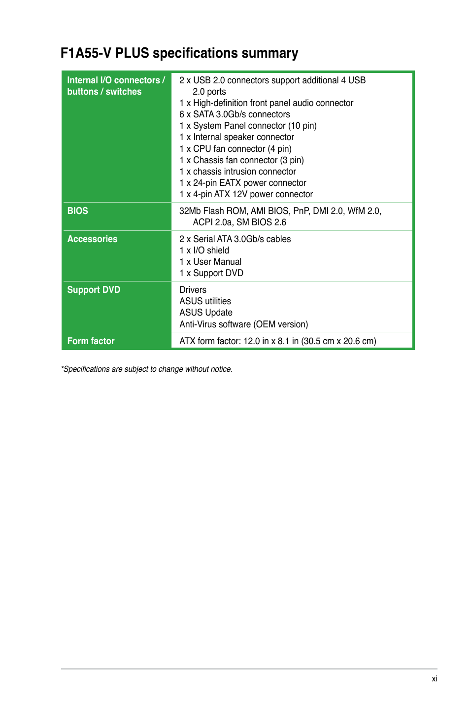 F1a55-v plus specifications summary | Asus F1A55-V PLUS User Manual | Page 11 / 70