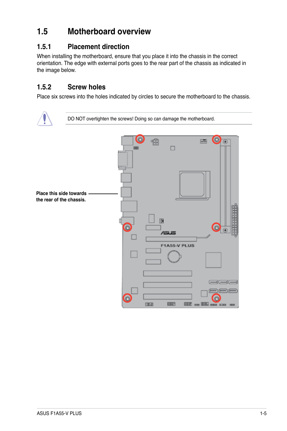 5 motherboard overview, 1 placement direction, 2 screw holes | Asus F1A55-V PLUS User Manual | Page 17 / 70