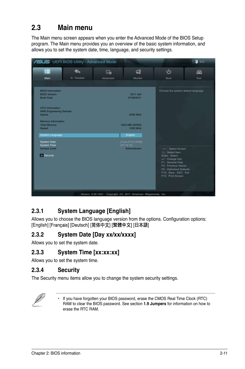 3 main menu, 1 system language [english, 3 system time [xx:xx:xx | 4 security, Allows you to set the system date, Allows you to set the system time, Chapter 2: bios information 2-11 | Asus F1A55-V PLUS User Manual | Page 53 / 70