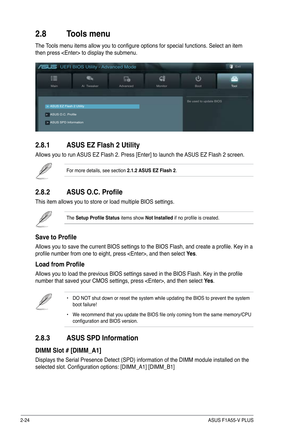 8 tools menu, 1 asus ez flash 2 utility, 2 asus o.c. profile | 3 asus spd information, Save to profile, Load from profile, Dimm slot # [dimm_a1 | Asus F1A55-V PLUS User Manual | Page 66 / 70