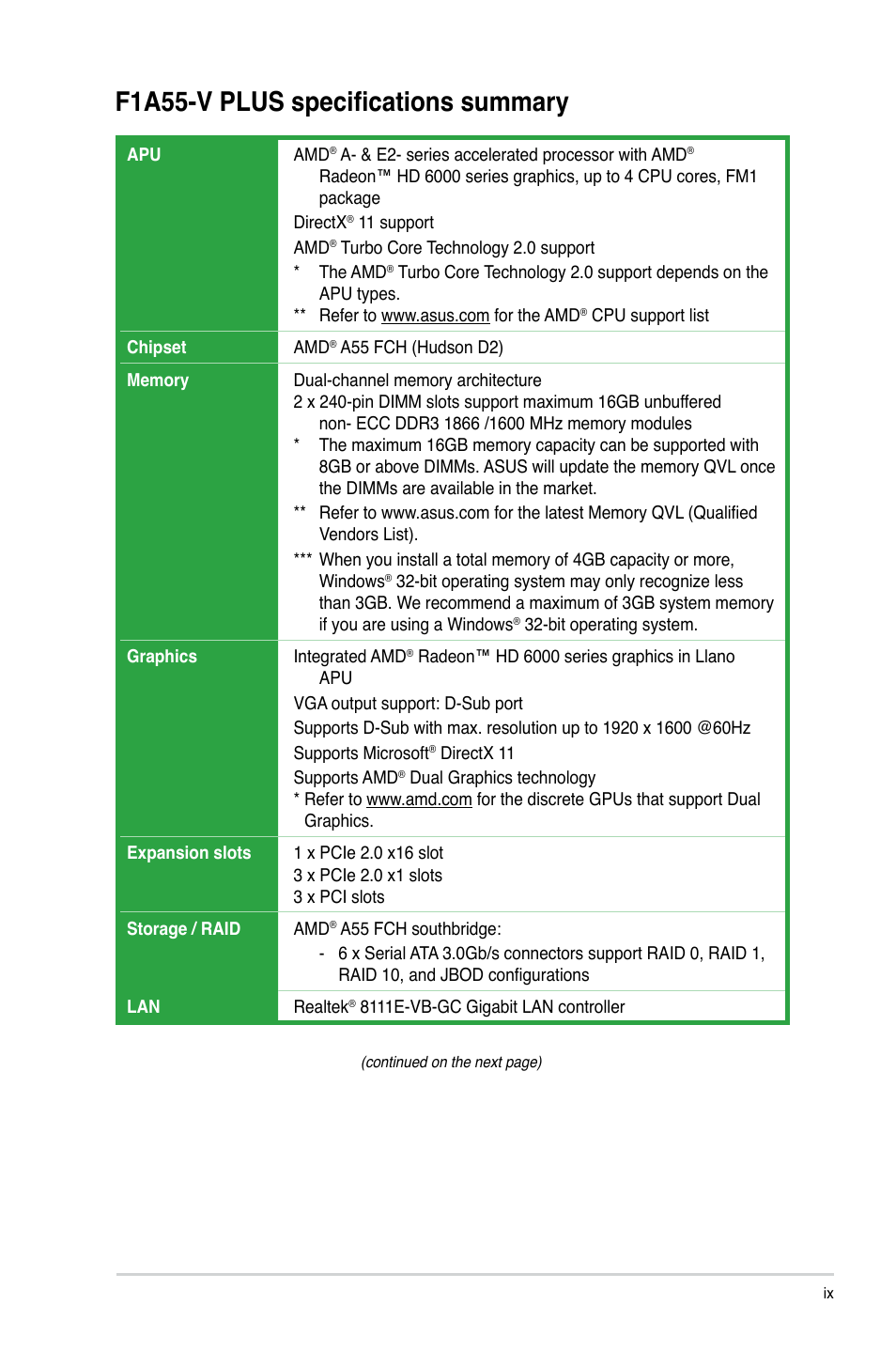 F1a55-v plus specifications summary | Asus F1A55-V PLUS User Manual | Page 9 / 70