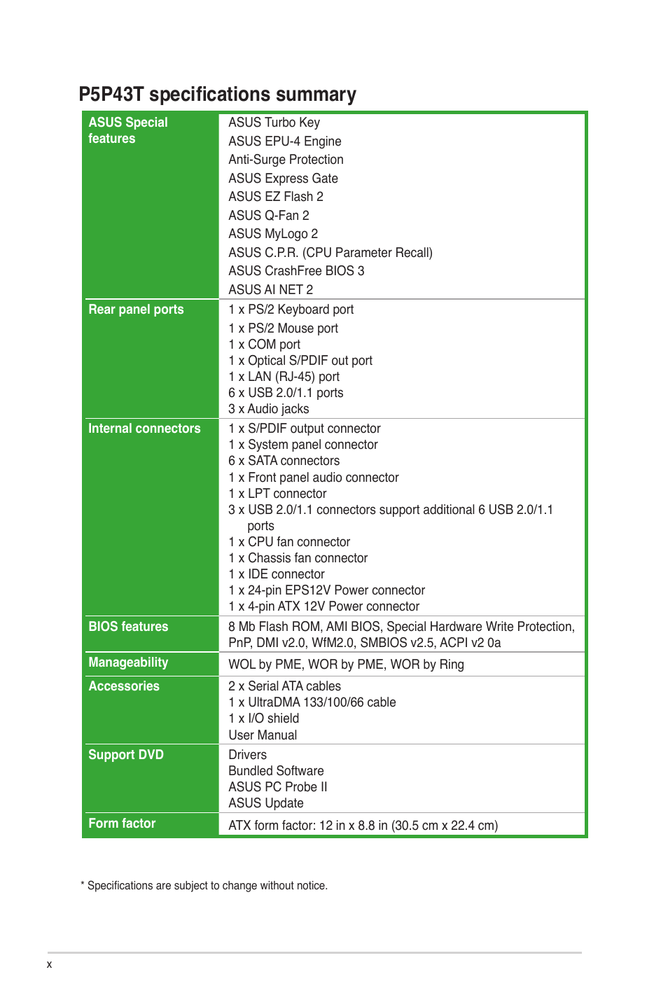 P5p43t specifications summary | Asus P5P43T User Manual | Page 10 / 64