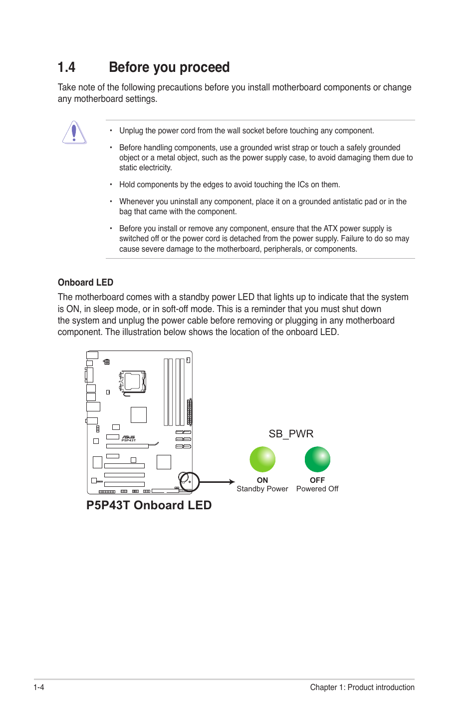 4 before you proceed, P5p43t onboard led | Asus P5P43T User Manual | Page 14 / 64