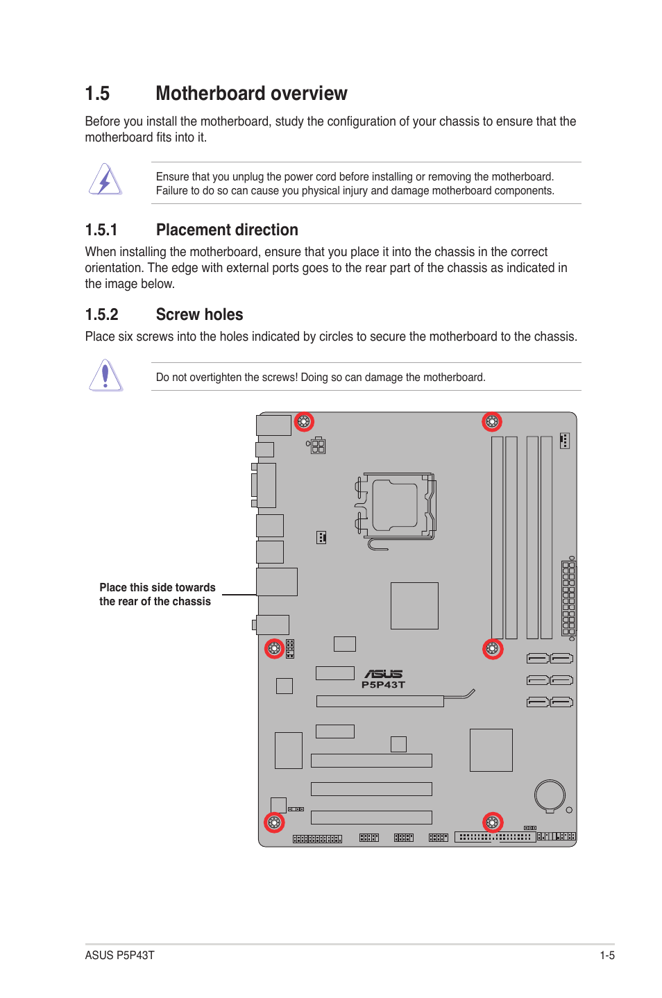 5 motherboard overview, 1 placement direction, 2 screw holes | Asus P5P43T User Manual | Page 15 / 64