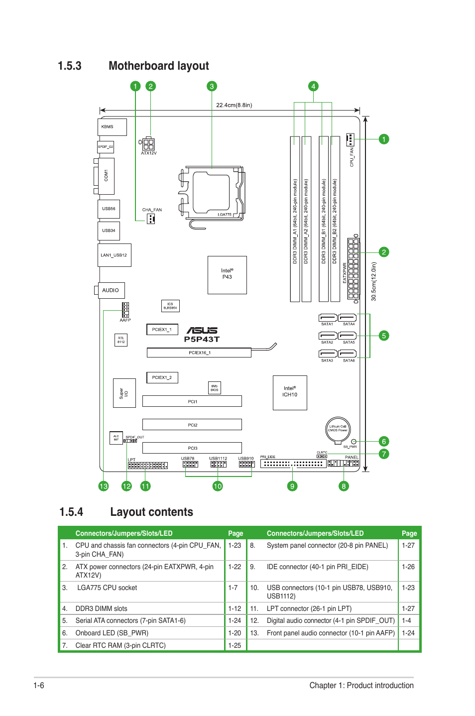 3 motherboard layout 1.5.4 layout contents | Asus P5P43T User Manual | Page 16 / 64