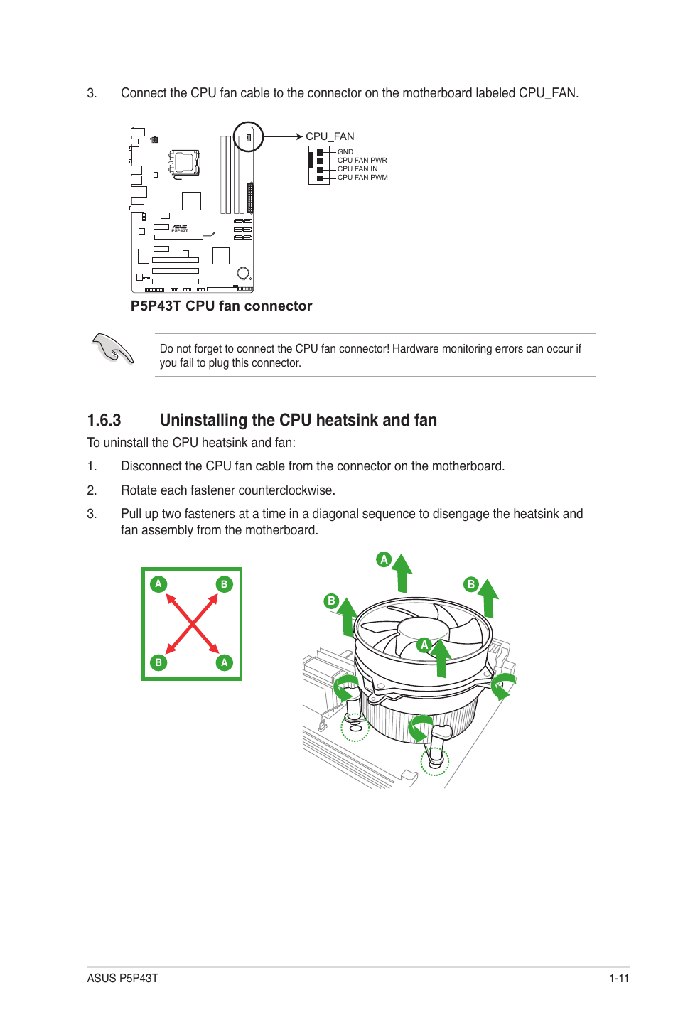 3 uninstalling the cpu heatsink and fan | Asus P5P43T User Manual | Page 21 / 64