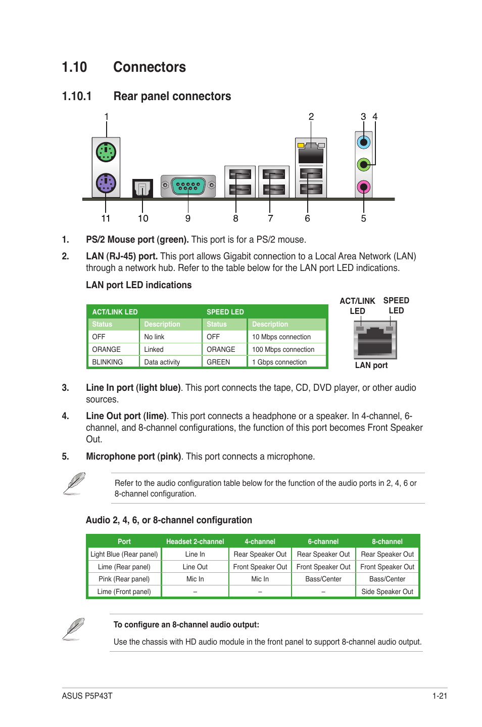 10 connectors, 1 rear panel connectors | Asus P5P43T User Manual | Page 31 / 64