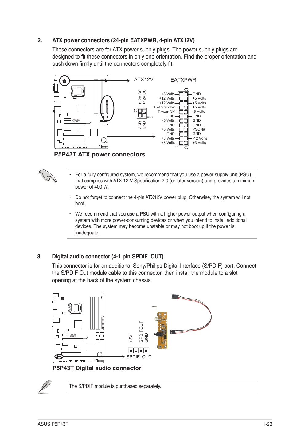 P5p43t atx power connectors, P5p43t digital audio connector | Asus P5P43T User Manual | Page 33 / 64