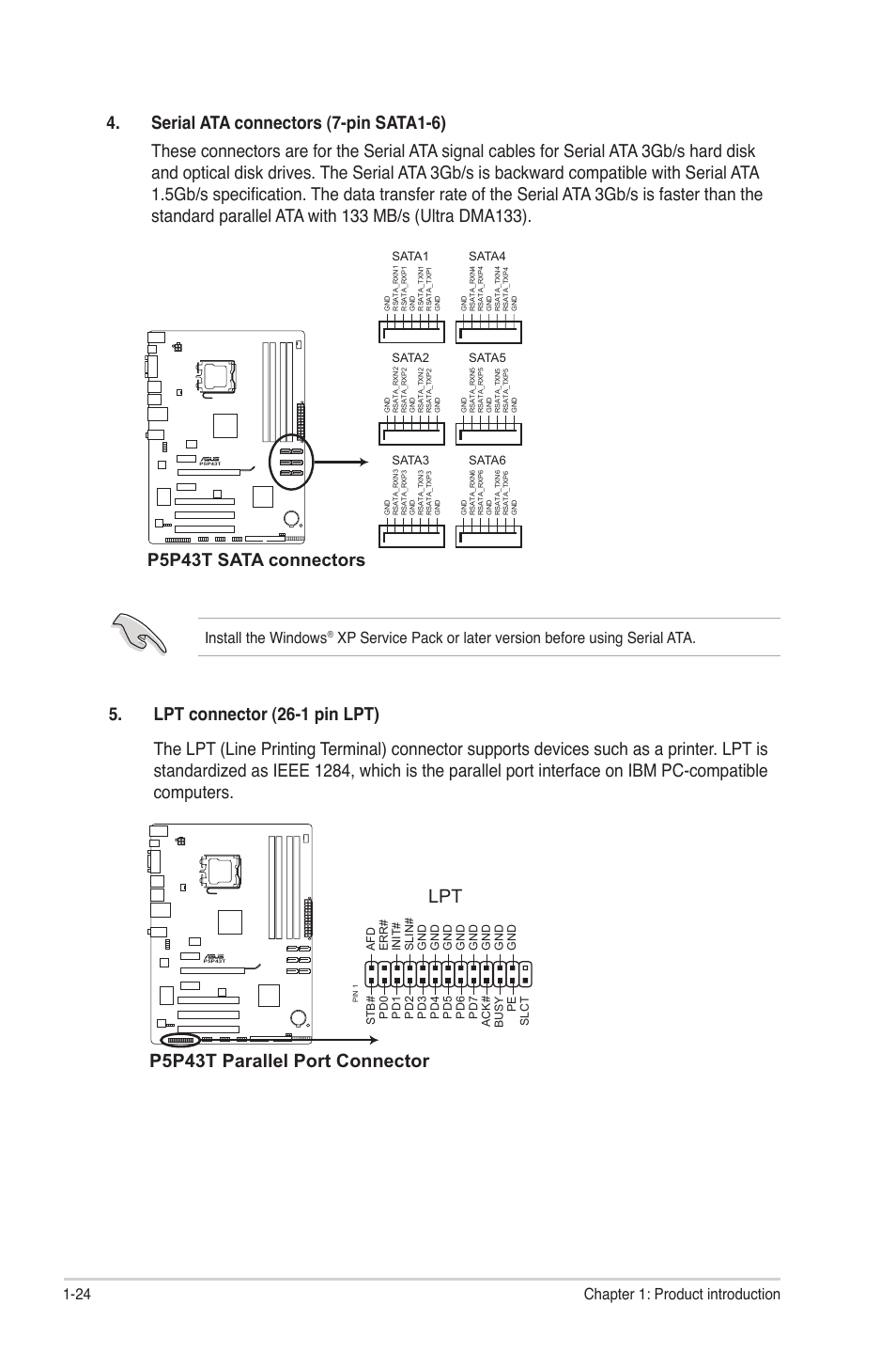 P5p43t sata connectors, 24 chapter 1: product introduction, Install the windows | Asus P5P43T User Manual | Page 34 / 64