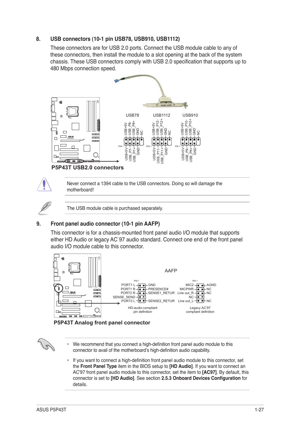 P5p43t analog front panel connector | Asus P5P43T User Manual | Page 37 / 64