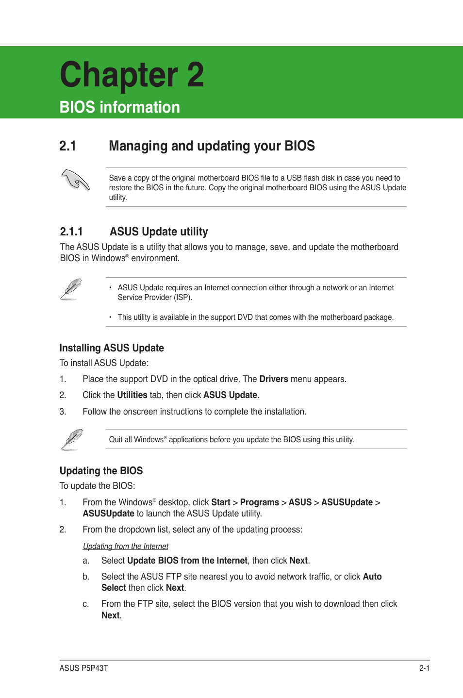 Chapter 2, Bios information, 1 managing and updating your bios | 1 asus update utility | Asus P5P43T User Manual | Page 39 / 64