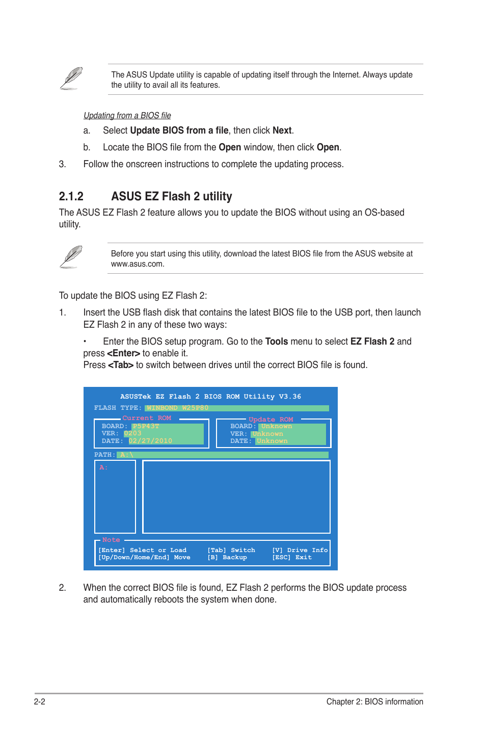 2 asus ez flash 2 utility | Asus P5P43T User Manual | Page 40 / 64