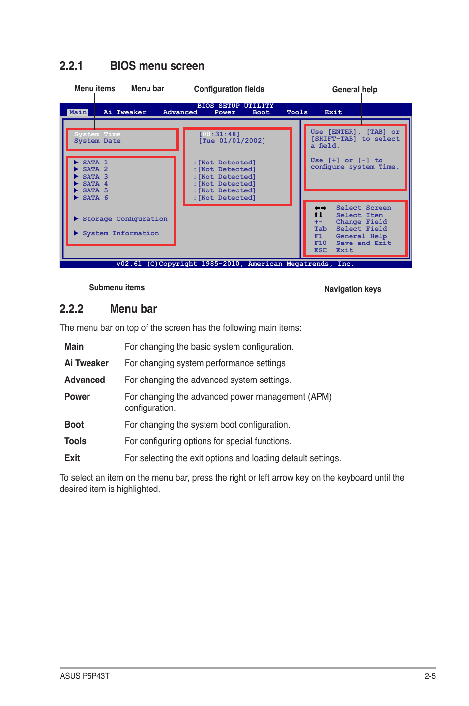 2 menu bar, 1 bios menu screen | Asus P5P43T User Manual | Page 43 / 64