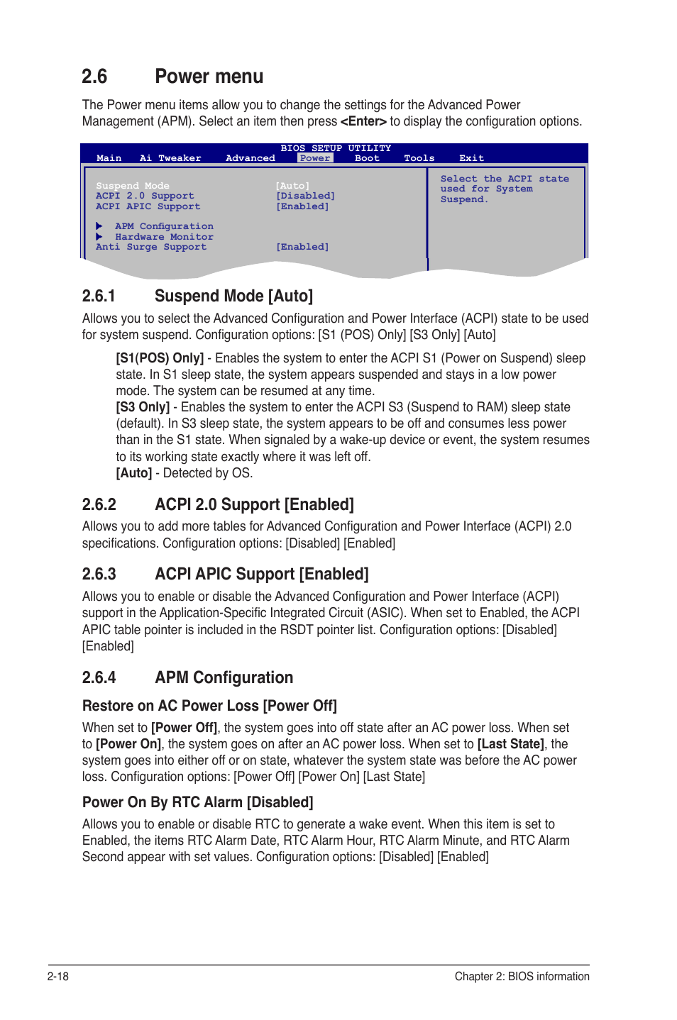 6 power menu, 1 suspend mode [auto, 2 acpi 2.0 support [enabled | 3 acpi apic support [enabled, 4 apm configuration | Asus P5P43T User Manual | Page 56 / 64