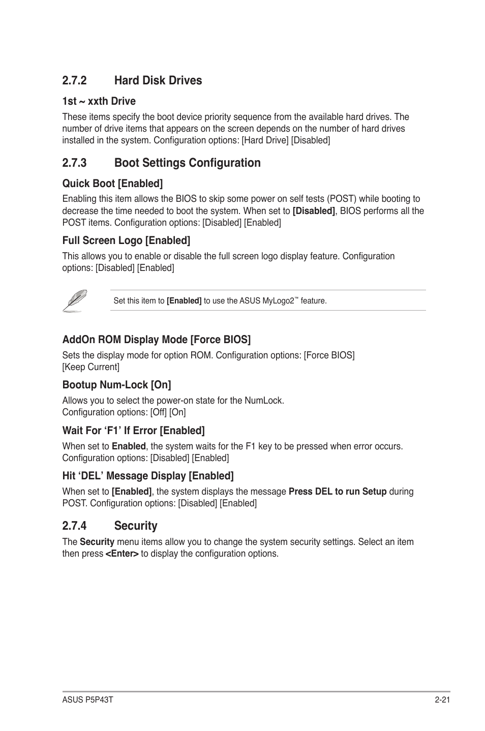 4 security, 2 hard disk drives, 3 boot settings configuration | Asus P5P43T User Manual | Page 59 / 64