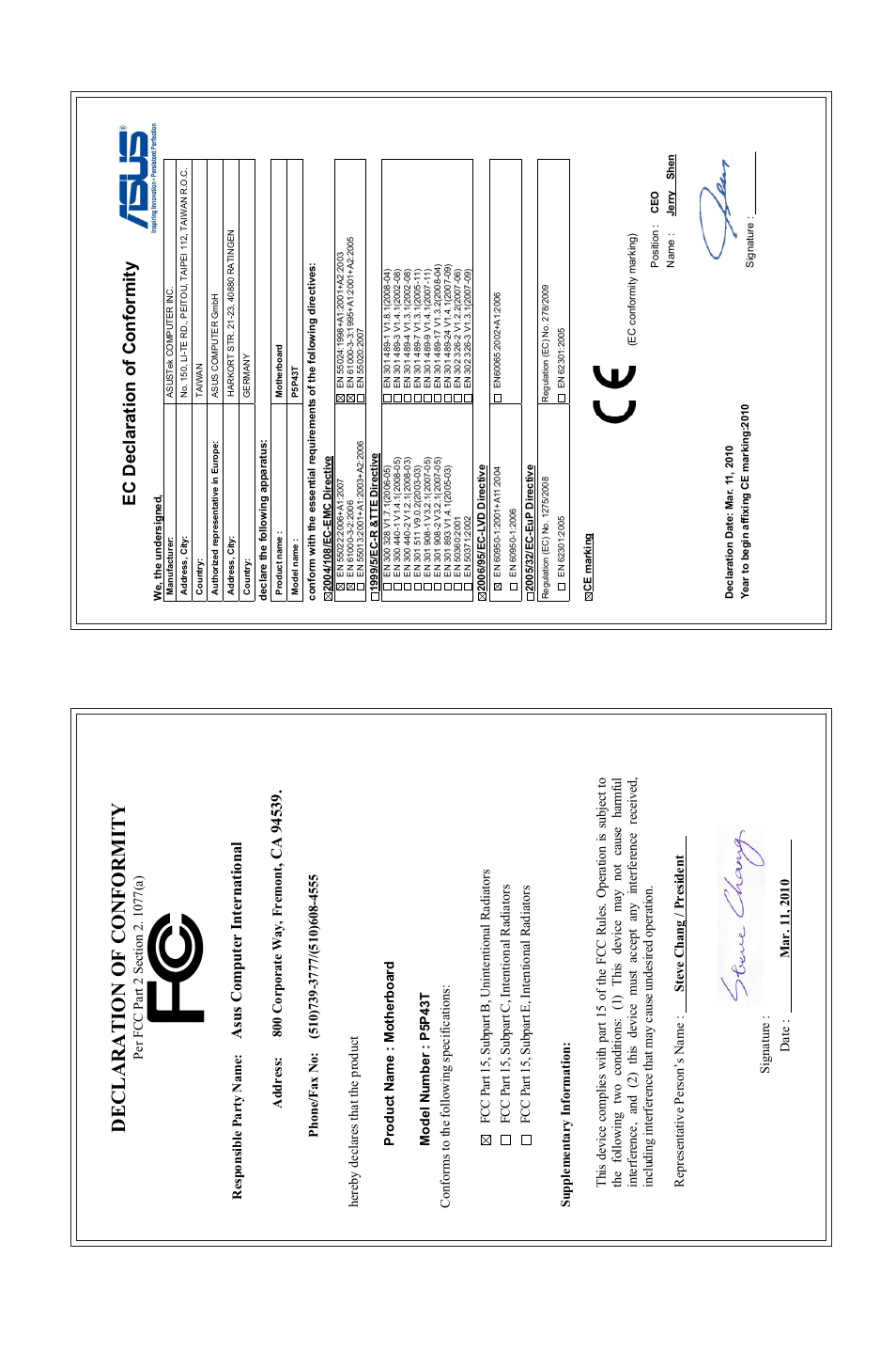 Declaration of conformity, Ec declaration of conformity, Asu s c om pu te r in te rn at io na l | Asus P5P43T User Manual | Page 64 / 64