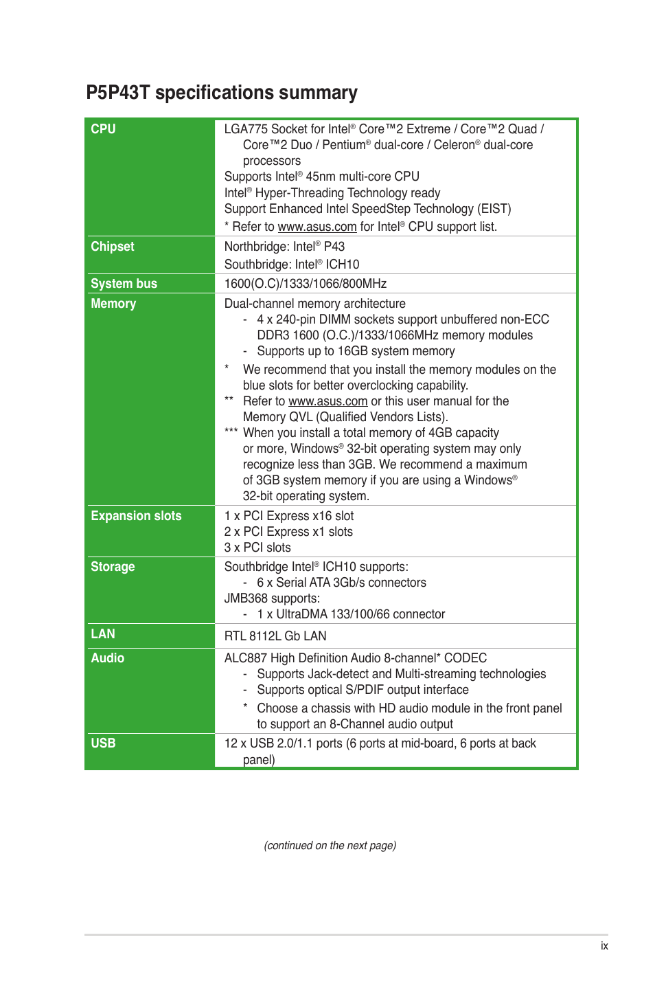 P5p43t specifications summary | Asus P5P43T User Manual | Page 9 / 64