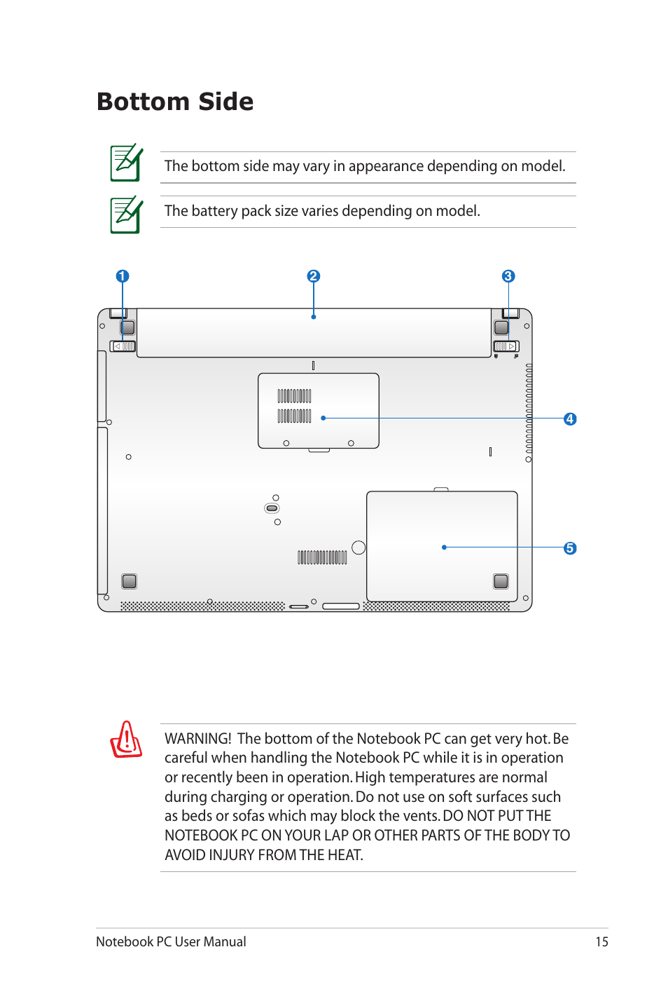 Bottom side | Asus N82JV User Manual | Page 15 / 110