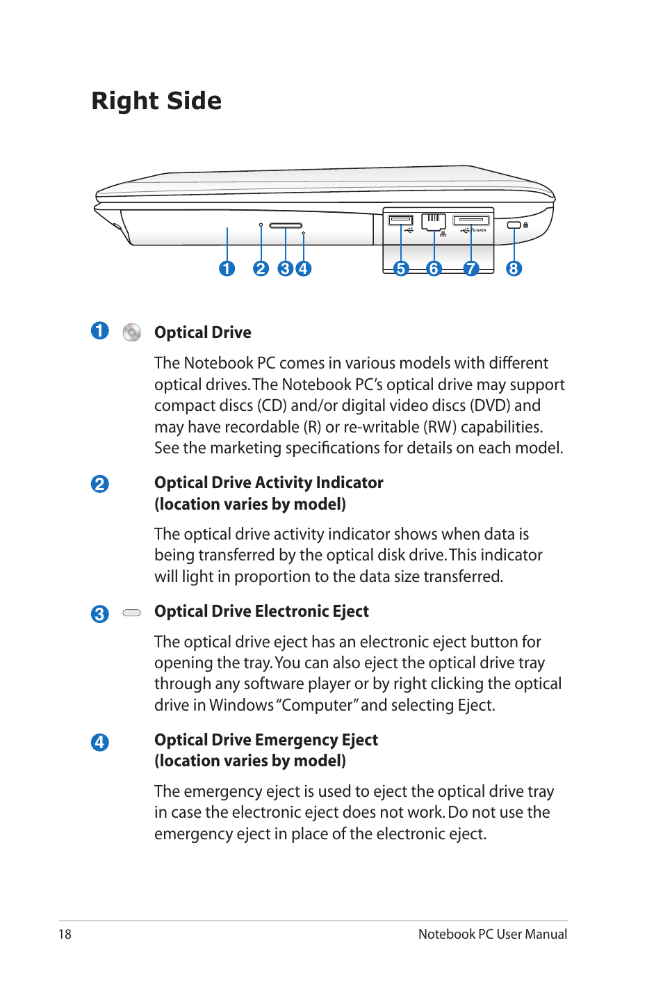 Right side | Asus N82JV User Manual | Page 18 / 110