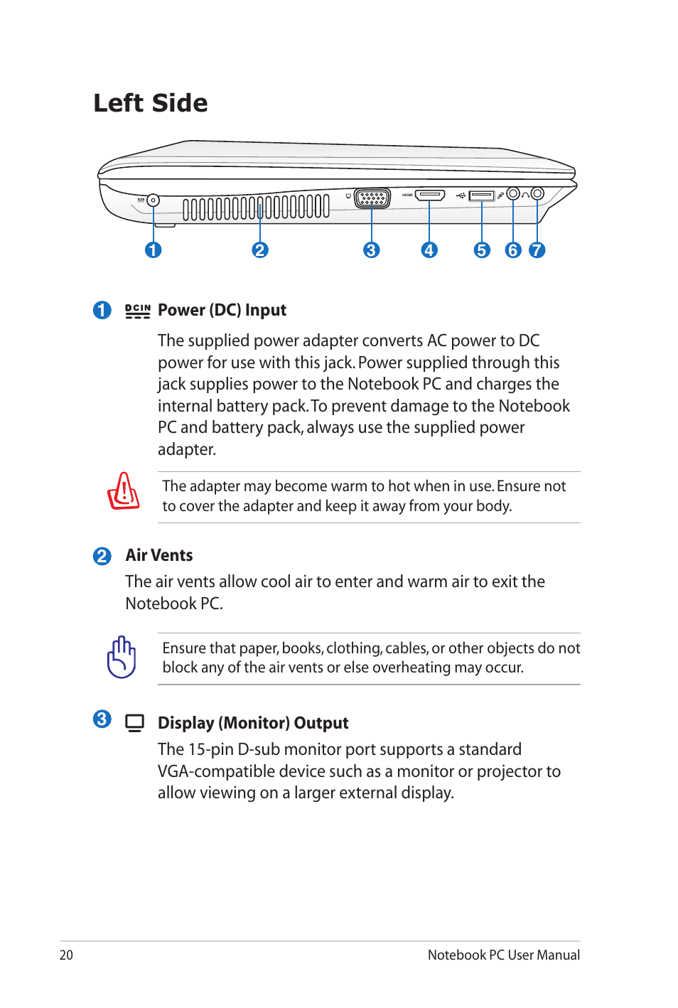 Left side | Asus N82JV User Manual | Page 20 / 110