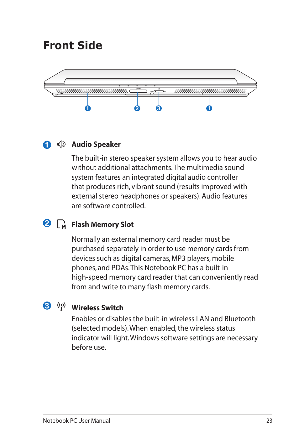 Front side | Asus N82JV User Manual | Page 23 / 110