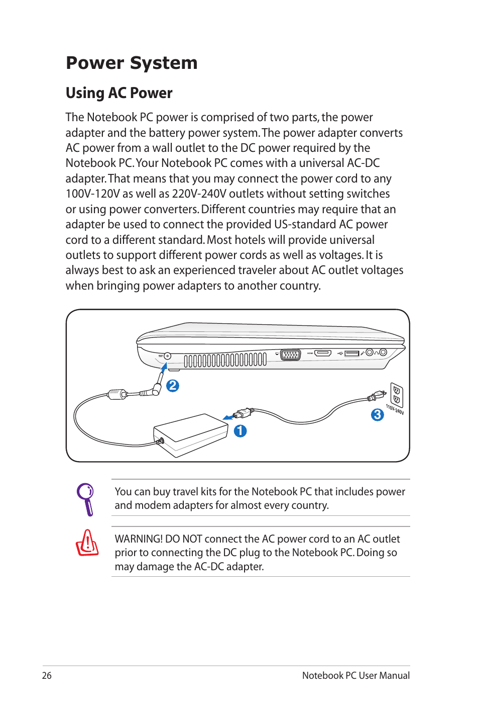 Power system, Using ac power | Asus N82JV User Manual | Page 26 / 110