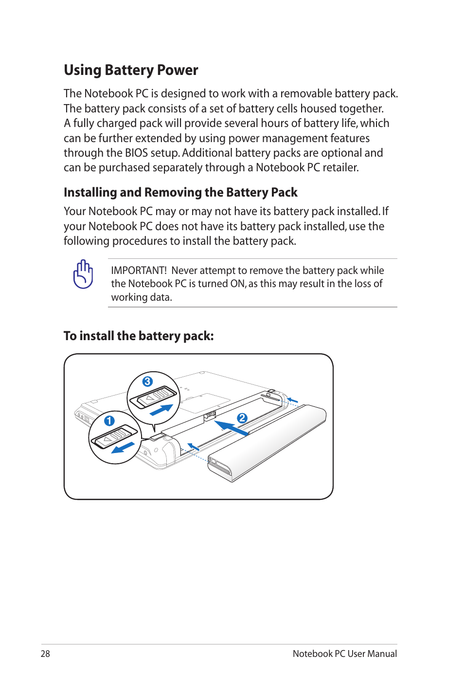 Using battery power, Installing and removing the battery pack | Asus N82JV User Manual | Page 28 / 110