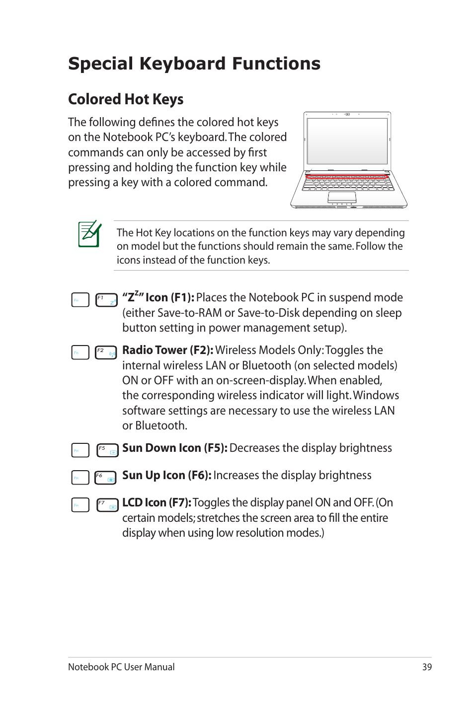 Special keyboard functions, Colored hot keys | Asus N82JV User Manual | Page 39 / 110