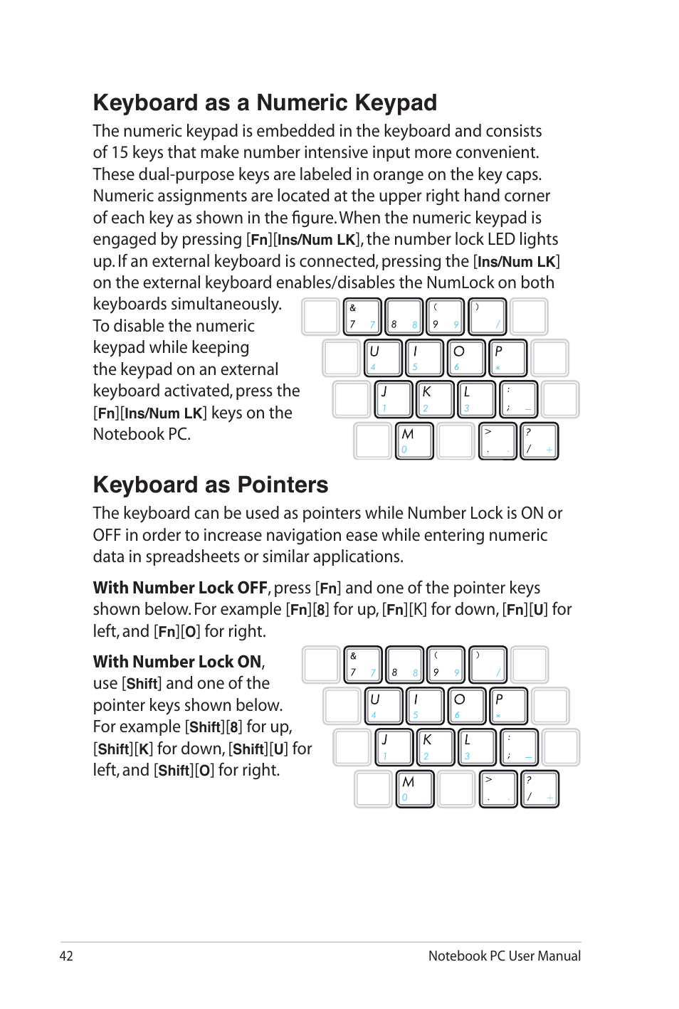 Keyboard as a numeric keypad, Keyboard as pointers | Asus N82JV User Manual | Page 42 / 110