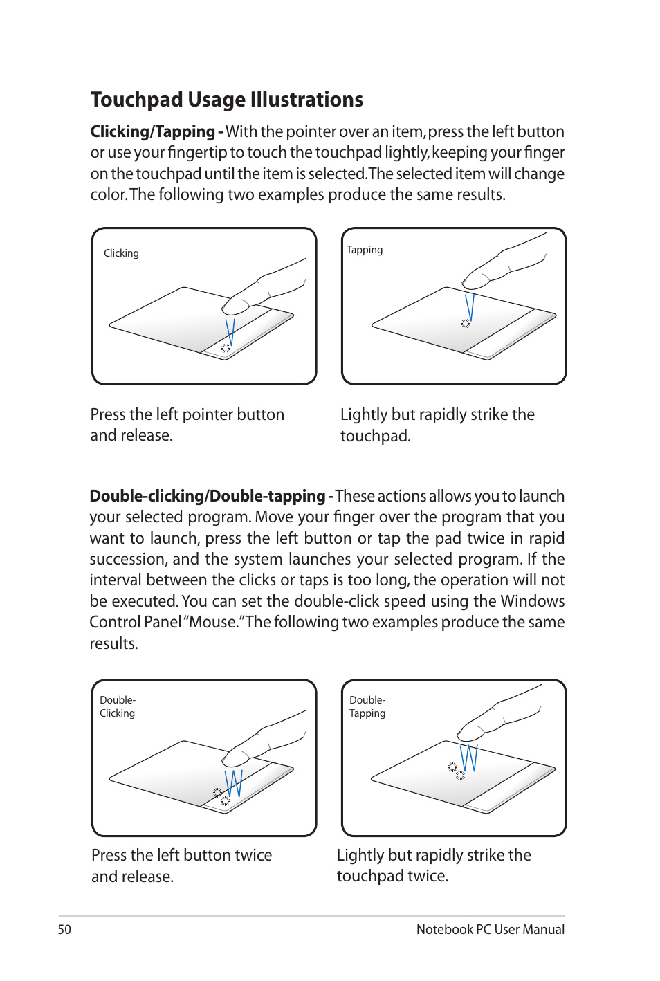 Touchpad usage illustrations | Asus N82JV User Manual | Page 50 / 110