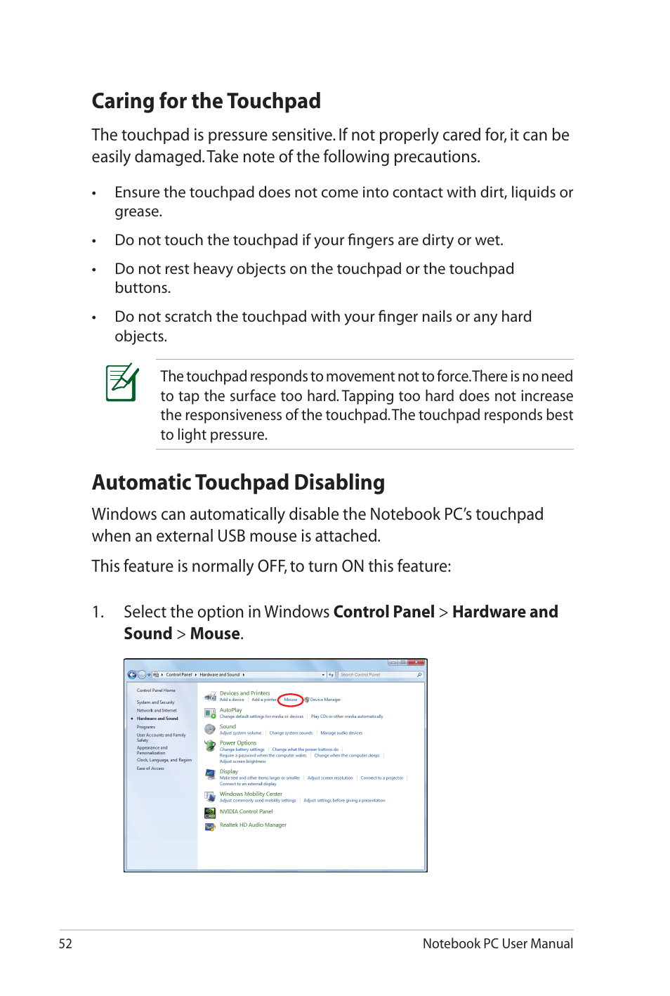 Caring for the touchpad, Automatic touchpad disabling | Asus N82JV User Manual | Page 52 / 110