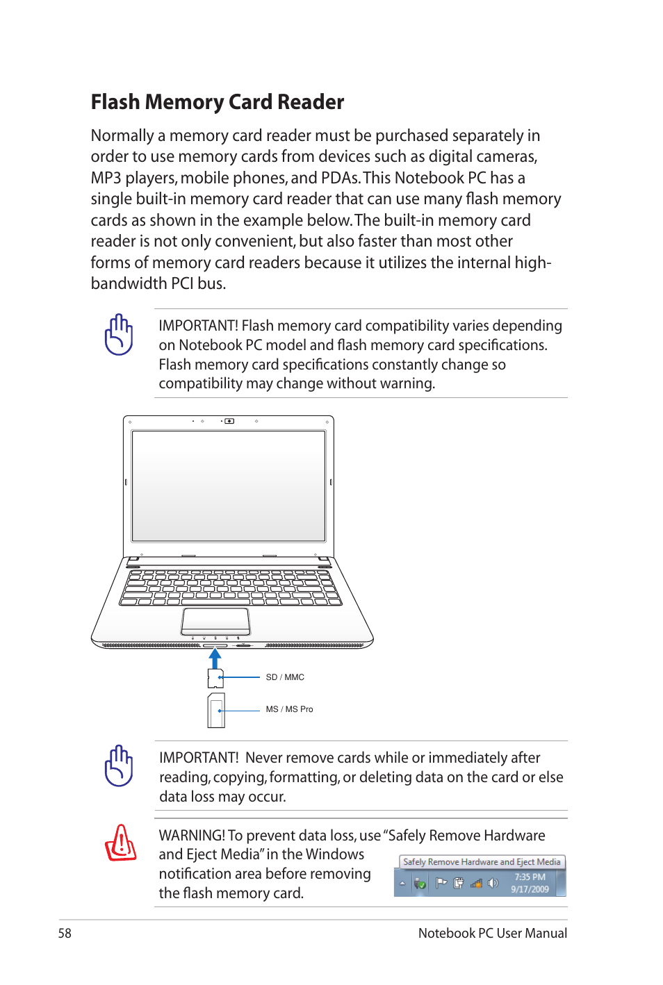 Flash memory card reader | Asus N82JV User Manual | Page 58 / 110